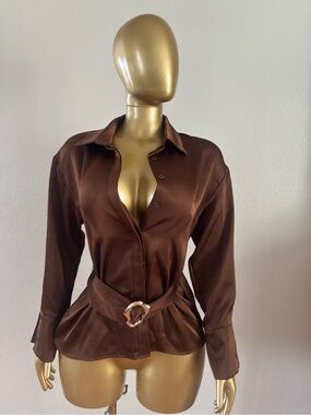 Tea n Cup Chocolate Brown Satin Button-Down Blouse with Waist Belt
